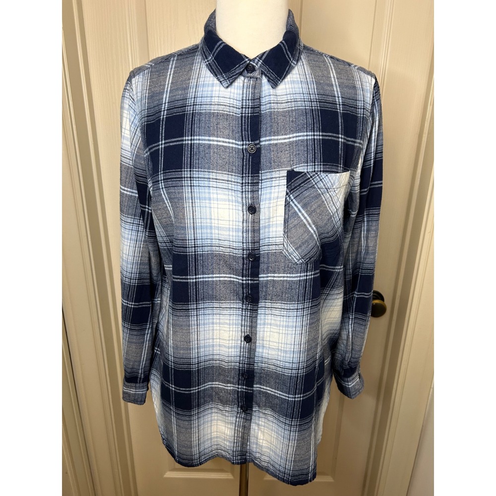 Beachlunchlounge Plaid Flannel Shirt Blue Balloon Button Down Cotton M - Picture 2 of 10
